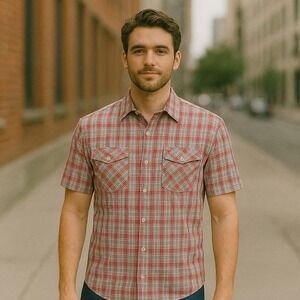 VTG Akoo Men's Red Gray Plaid ButtonUp Shirt Embroidered Hunting Design 2XL Nwot